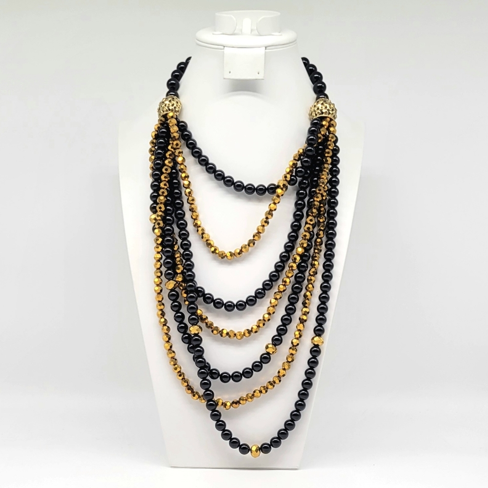 Heidi Daus Bronze Metallic Swarovski Crystal and Black Bead Multistrand Necklace